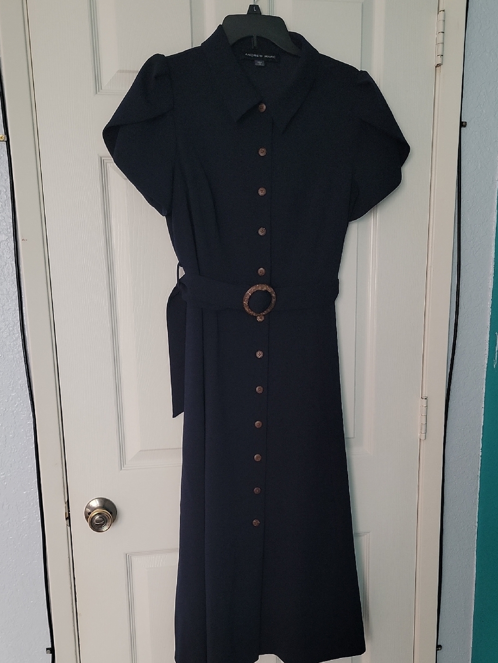 Andrew Marc Navy Button-Front Maxi Shirt Dress with Belt
